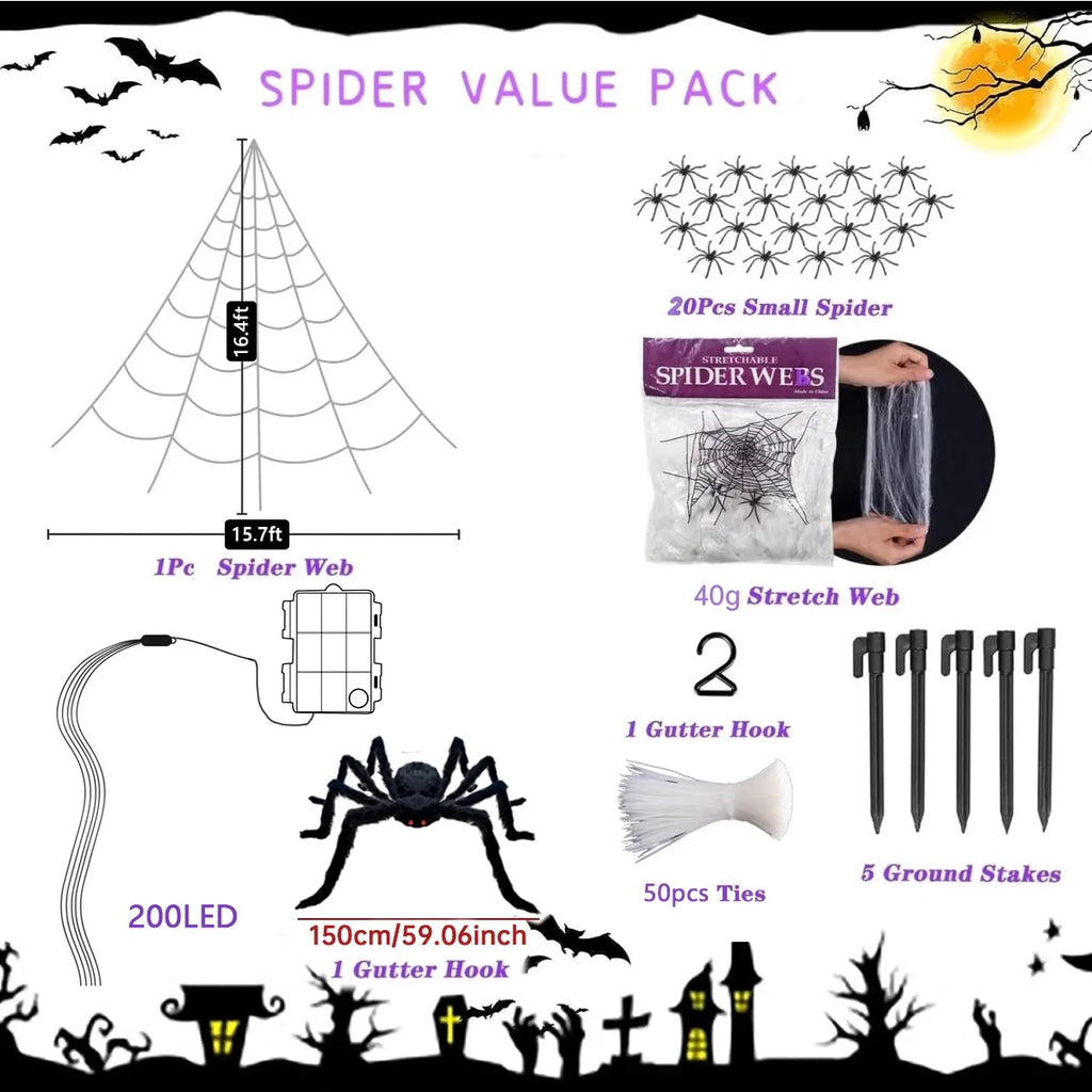 Giant LED Spider Web & Spider Halloween Decoration