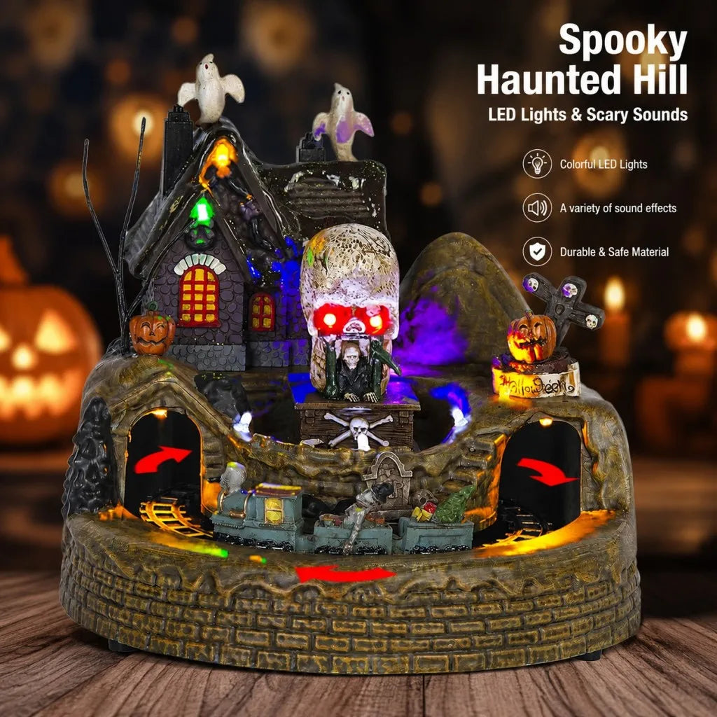 LED Halloween village train decoration with spooky ghost and skeleton details