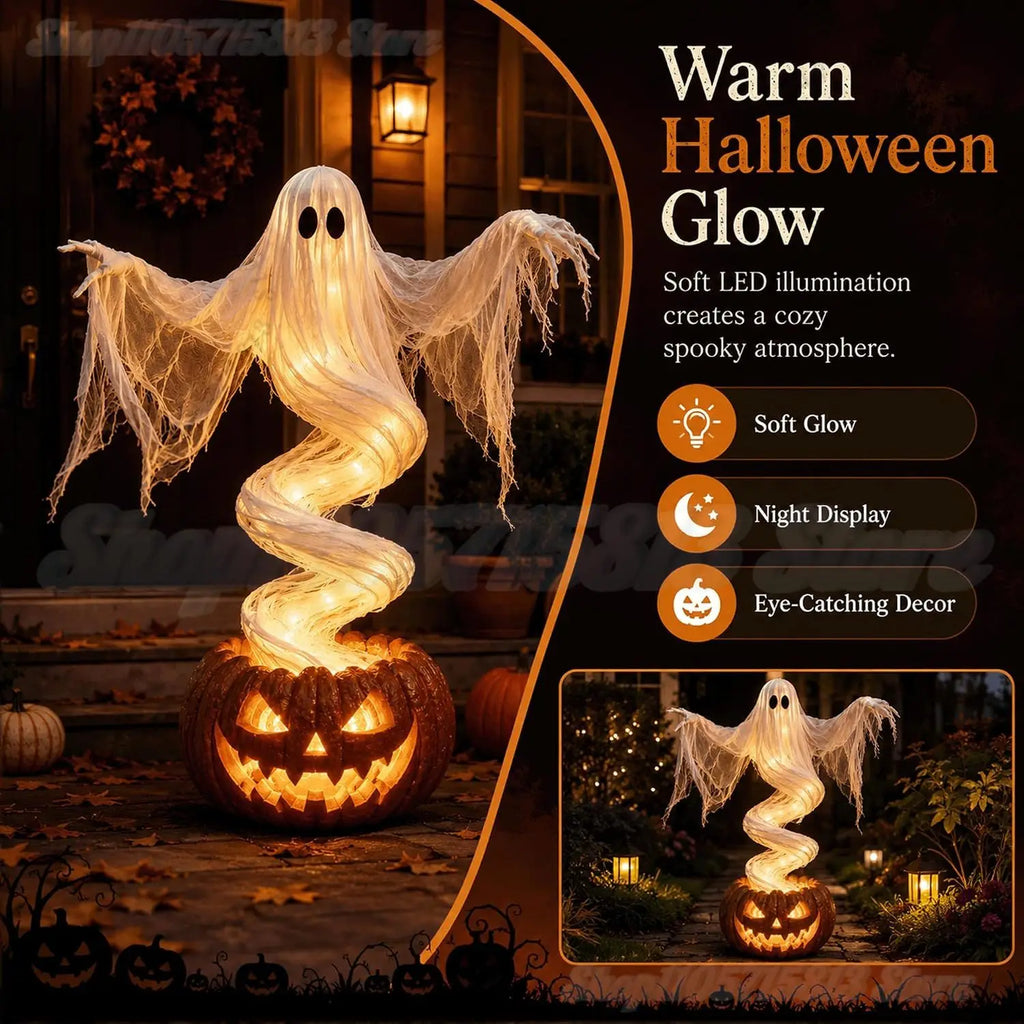 Light-up ghost and pumpkin Halloween yard decoration